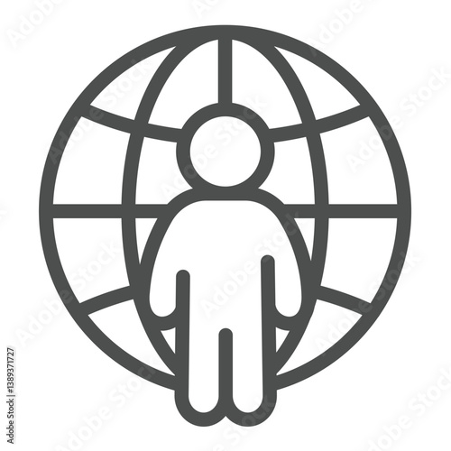 Freelancer man at world globe line icon, employment concept. Vector graphics. Remote worker, human sign on white background, outline style icon for mobile or web design.