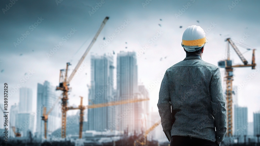 Fototapeta premium Civil Engineer Observing Skyscraper Construction with Cranes