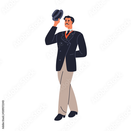 Gentleman tipping hat off, greeting gesture. Man aristocrat of 19th century. Nobleman dressed in historic fashion attire. Elegant noble person. Flat vector illustration isolated on white background