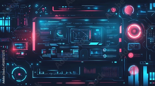 Futuristic tech interface with glowing displays and data streams.
