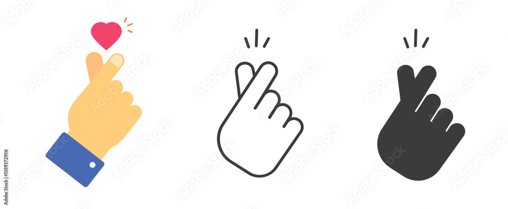Obraz premium Heart fingers icon sign hand gesture simple line stroke outline graphic illustration set, love thumbs shape silhouette pictogram solid symbol image clip art