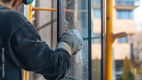 A construction worker cleaning windows at a building site. Featuring attention to detail and care