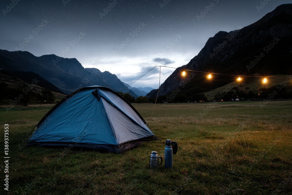 A small tent on a meadow under a starry sky, illuminated by a warm string of lights. A thermos flask and two cups stand in front of the tent, A small tent on a meadow under a starry sky, illuminated by a warm string of lights. A thermos flask and two cups stand in front of the tent,