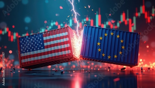 EU Tariffs and European Union tariff trade war with the United States as a Europe USA economic dispute and American financial disagreement over import and exports as cargo freight containers symbol.