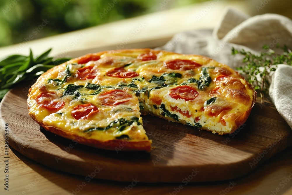 Tomato, spinach and cheese frittata. Italian dish placed on wooden serving board sitting on countertop near window, beyond which lies green garden. Sliced frittata with one piece missing
Tomato, spinach and cheese frittata. Italian dish placed on wooden serving board sitting on countertop near window, beyond which lies green garden. Sliced frittata with one piece missing
