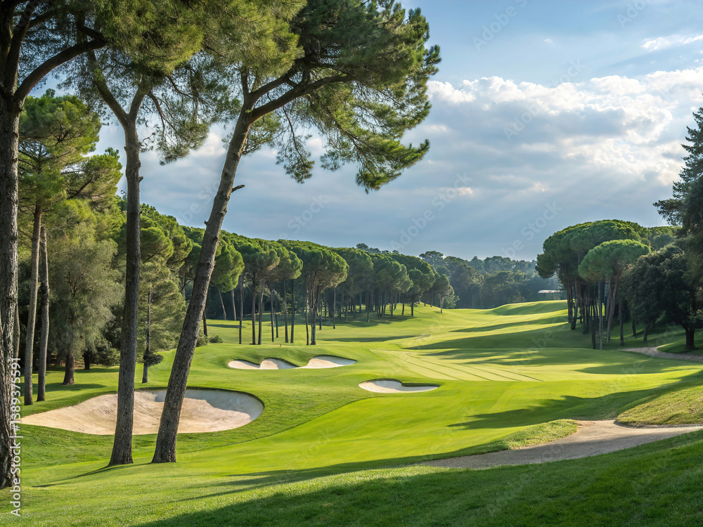 a scenic landscape with a lush green golf course