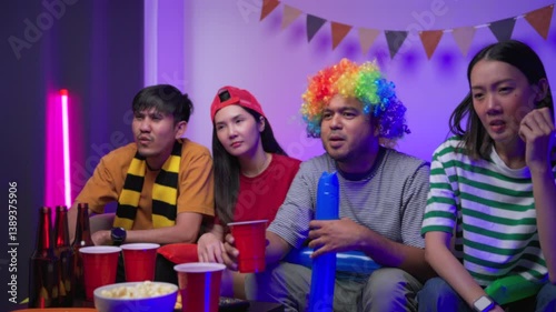 Happy asian diverse group friends  watching soccer games world cup competition on television and eating snack together at home. Sport fans people shouting and celebrating sport team victory match.