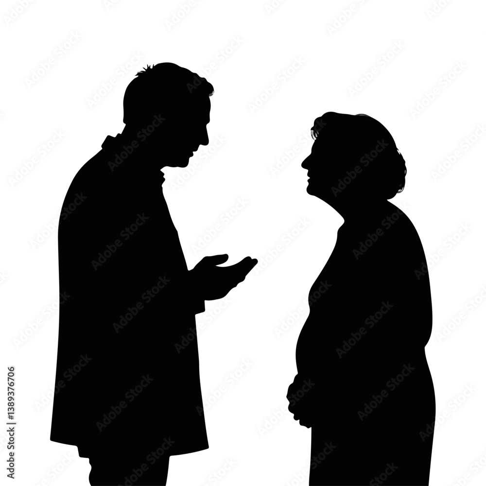 Elderly couple sharing an emotional conversation against a white background Elderly couple sharing an emotional conversation against a white background