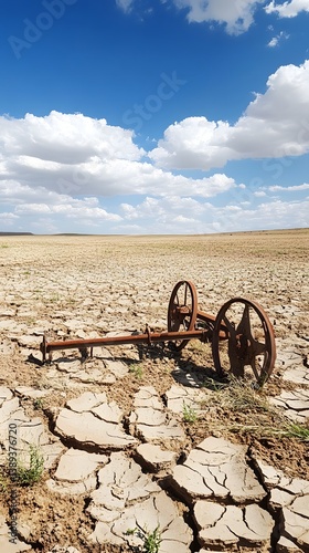 Rusty farm implement in cracked, arid field