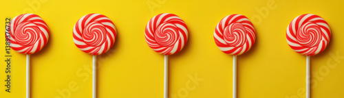 vibrant flat lay of colorful lollipops with swirled patterns on bright yellow background, evoking joy and sweetness