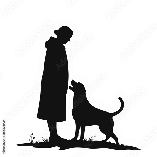 Elderly person meeting a dog silhouette in a natural setting  
