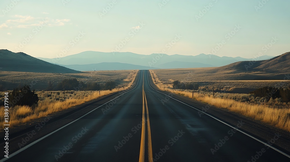 Fototapeta premium Long, straight highway vanishing into distant mountains under a clear sky.