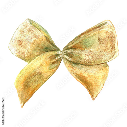 Gold bow from vibrant collection of ribbons, curls. Hand-painted in watercolor with gold paint accents. Isolate element is presented for decorating and designing textiles, wallpaper, prints, packaging