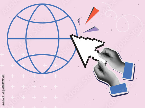 Black and white hand holding a pixel cursor pointing to sign of global internet. Modern collage style. Vector illustration