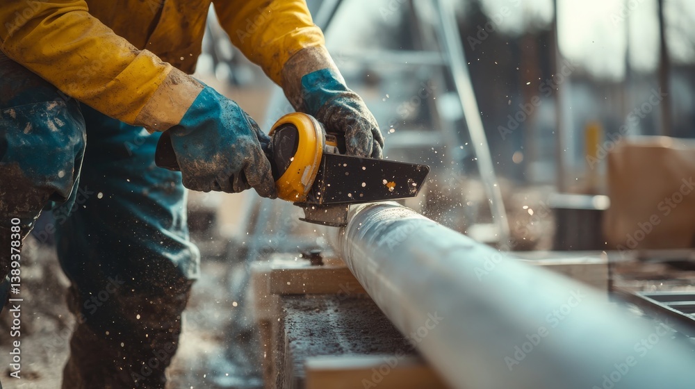 A construction worker cutting pipes at a building site. Featuring expertise and care A construction worker cutting pipes at a building site. Featuring expertise and care