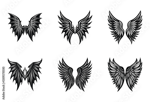 Demonic Flight Vector Wings Set – Shadowy, dramatic wing designs perfect for supernatural art and character design.