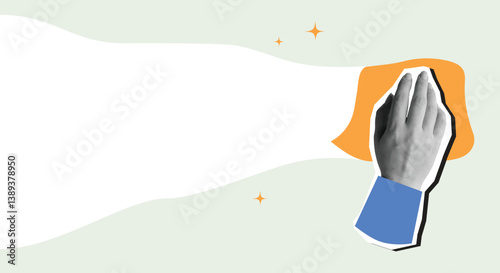 A hand wipes the surface with a cloth leaves space for text. Modern collage style. Vector illustration