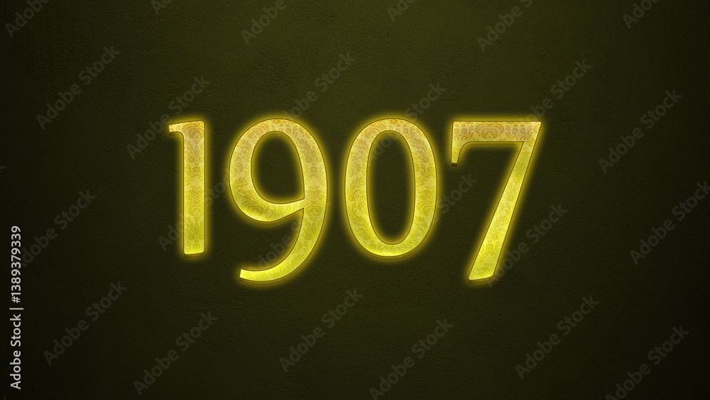 Neon glowing yellow number of 1907 on dark background.