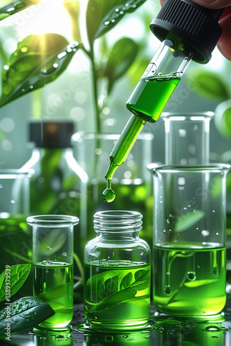 laboratory scene featuring green liquid plant extracts in glass vials and beakers, with fresh green leaves and a dropper dispensing a droplet. Ideal for concepts like green chemistry, herbal science, 
