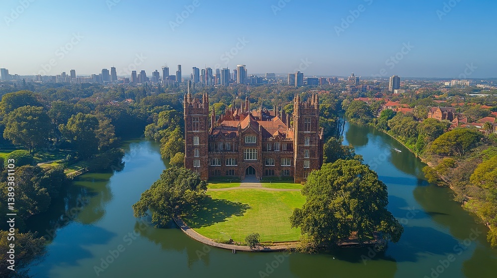 Obraz premium Brick building surrounded by water, green space, and distant city skyline