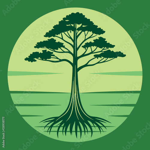 Bald cypress tree in swamp gradient green  