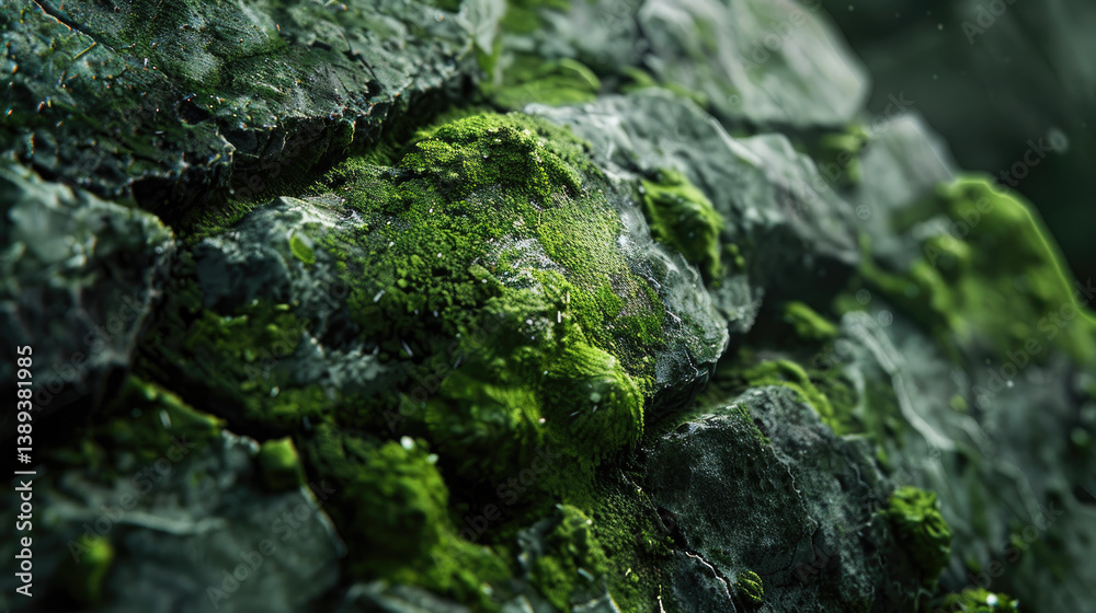 Macro shot of a moss-covered rock in a 3D render with deep green shades and intricate textures, showcasing a hyper-realistic natural scene. Macro shot of a moss-covered rock in a 3D render with deep green shades and intricate textures, showcasing a hyper-realistic natural scene.