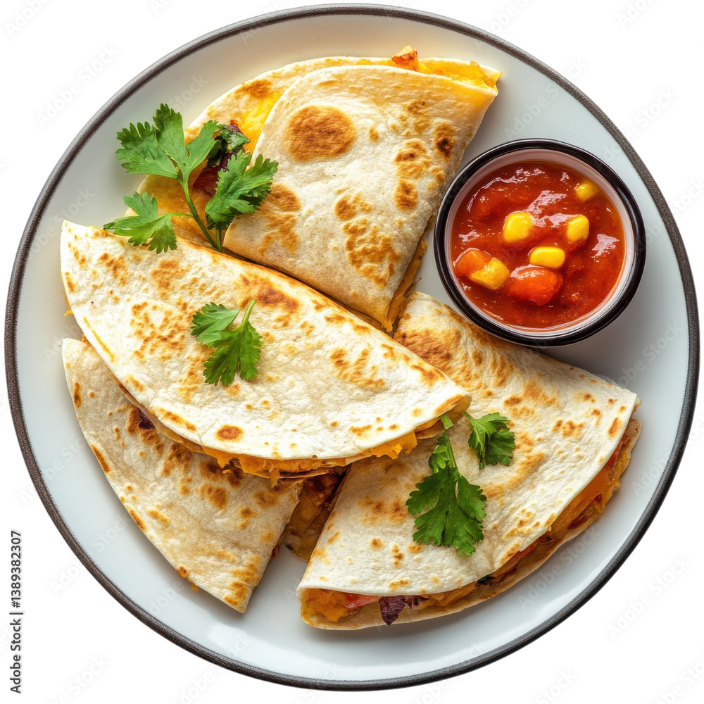 Quesadillas with salsa dish on transparent background Quesadillas with salsa dish on transparent background