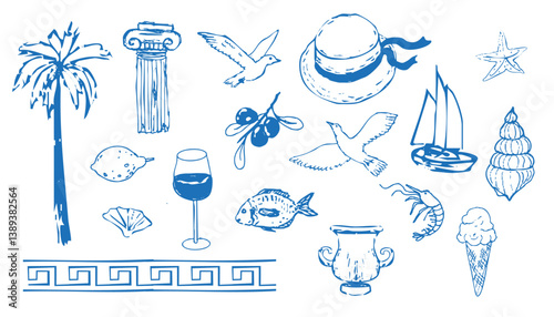 Summer seashore greek sea tourism, rest sketch drawing. Line hand drawn beach party elements. Vacation doodle tropical print.