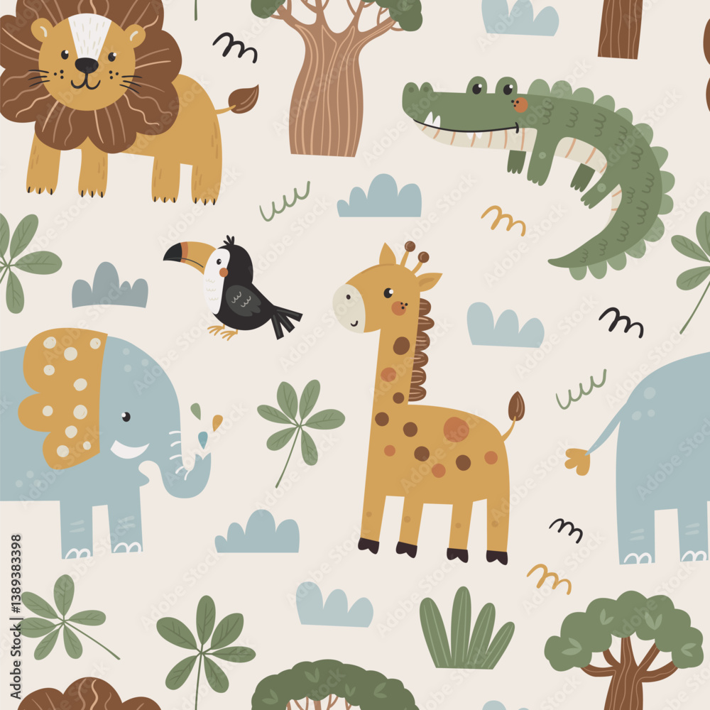 Obraz premium Seamless childish pattern with cute African animals.
