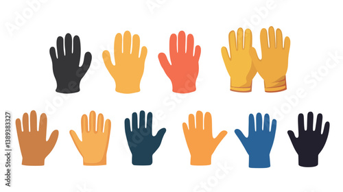 Minimalist and stylish vector graphic design of gloves, featuring various types such as winter gloves, work gloves, and fashion gloves, depicted in a clean and modern illustration style. 