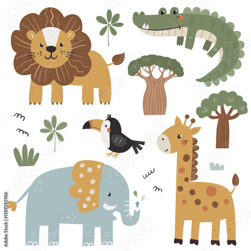 Vector set of cute African animals: lion, elephant, crocodile, giraffe and toucan