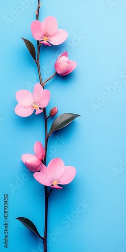 Minimal Floral Composition, Pink Orchids on a Stem against a Vibrant Blue Background. Copy Space
