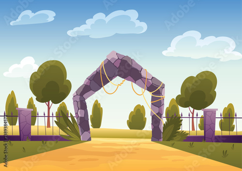 Zoo entrance gates with stone arch. Zoological garden for wild animals with green bushes and trees. Vector illustration in cartoon style