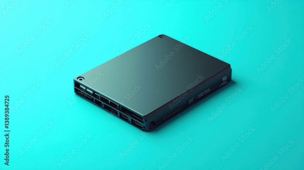 A classic black hard disk with no branding, placed on a soft blue background A classic black hard disk with no branding, placed on a soft blue background