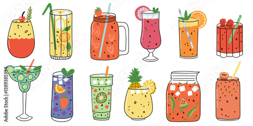Summer Drink Fruit Juice Doodle Set. Cute Cocktail Beverage  with Ice Collection. Vector Doodle Illustration