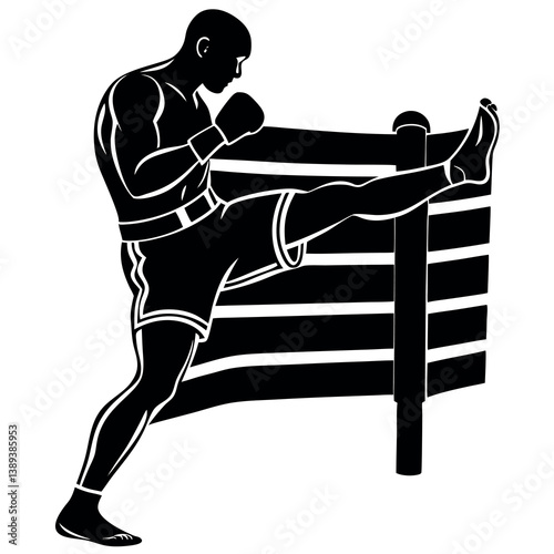 Kickboxing man hits boxing ring with his right foot.