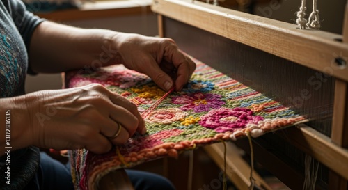 Hands Weaving a Floral Tapestry on a Loom - Skillful hands craft a vibrant floral tapestry on a traditional loom, symbolizing artistry, patience, heritage, creation, and beauty