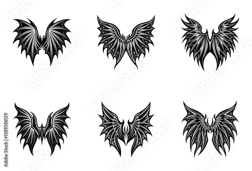 Devil Aesthetic Wings Vector Pack – A collection of stylishly evil wing designs for fantasy branding, merch, or illustration.