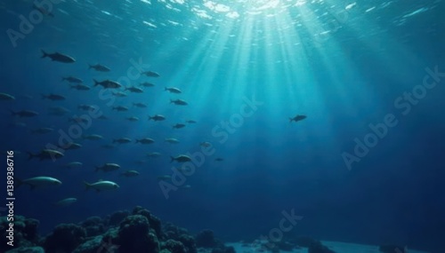 Dark blue ocean surface with schools of silvery fish swimming in the distance, ocean floor, blue