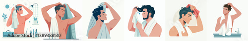 vector set of people drying their bodies with towels after taking a shower