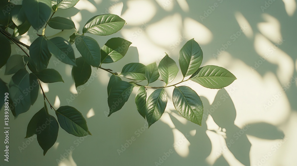 Branch of green leaves with dappled sunlight shadows on a pastel wall Branch of green leaves with dappled sunlight shadows on a pastel wall