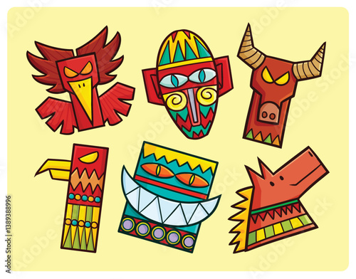Funny animal totem in cartoon style collection set 