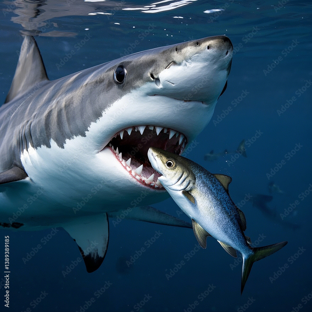 Naklejka premium Fierce significant white shark attacks prey with mouth wide open in the deep blue sea.