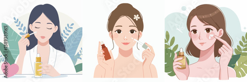 Vector set of young woman applying facial serum