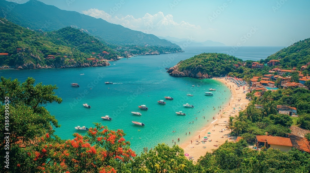 Fototapeta premium Coastline bay with beach and boats. Lush mountains & clear water surround