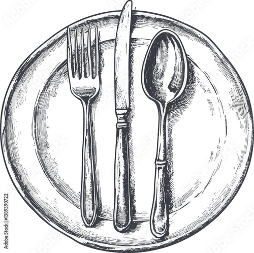 A hand-drawn depiction of a fork, spoon, and plate is presented as a modern cutlery illustration