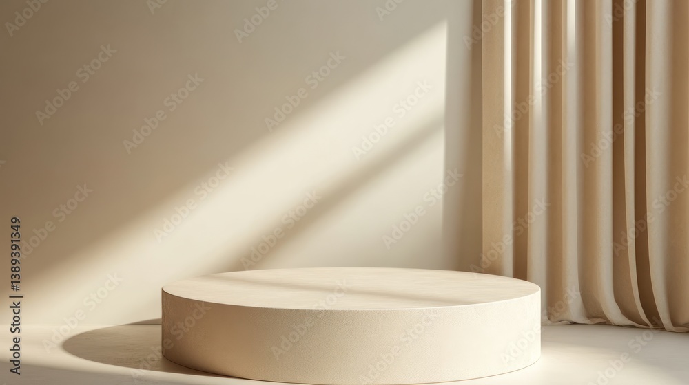 Beige product display podium, sunlit room with curtains, promotional still life Beige product display podium, sunlit room with curtains, promotional still life