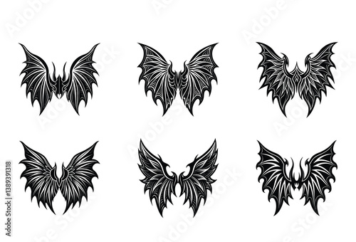 Scary Demon Wings Vector Set – Horror-inspired wing graphics great for dark-themed artwork, game design, or supernatural story visuals.