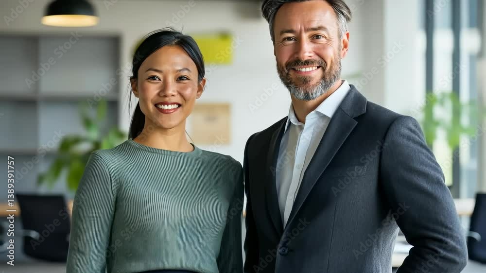 Two confident business professionals— Asian woman in green , Caucasian man in suit—smile in office setting, conveying collaboration , positive work environment. Blurred modern decor in background. Two confident business professionals— Asian woman in green , Caucasian man in suit—smile in office setting, conveying collaboration , positive work environment. Blurred modern decor in background.
