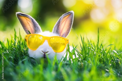 A cute bunny in yellow sunglasses, playfully peeking out from a patch of fresh green grass, celebrating the cheerful vibes of Easter.